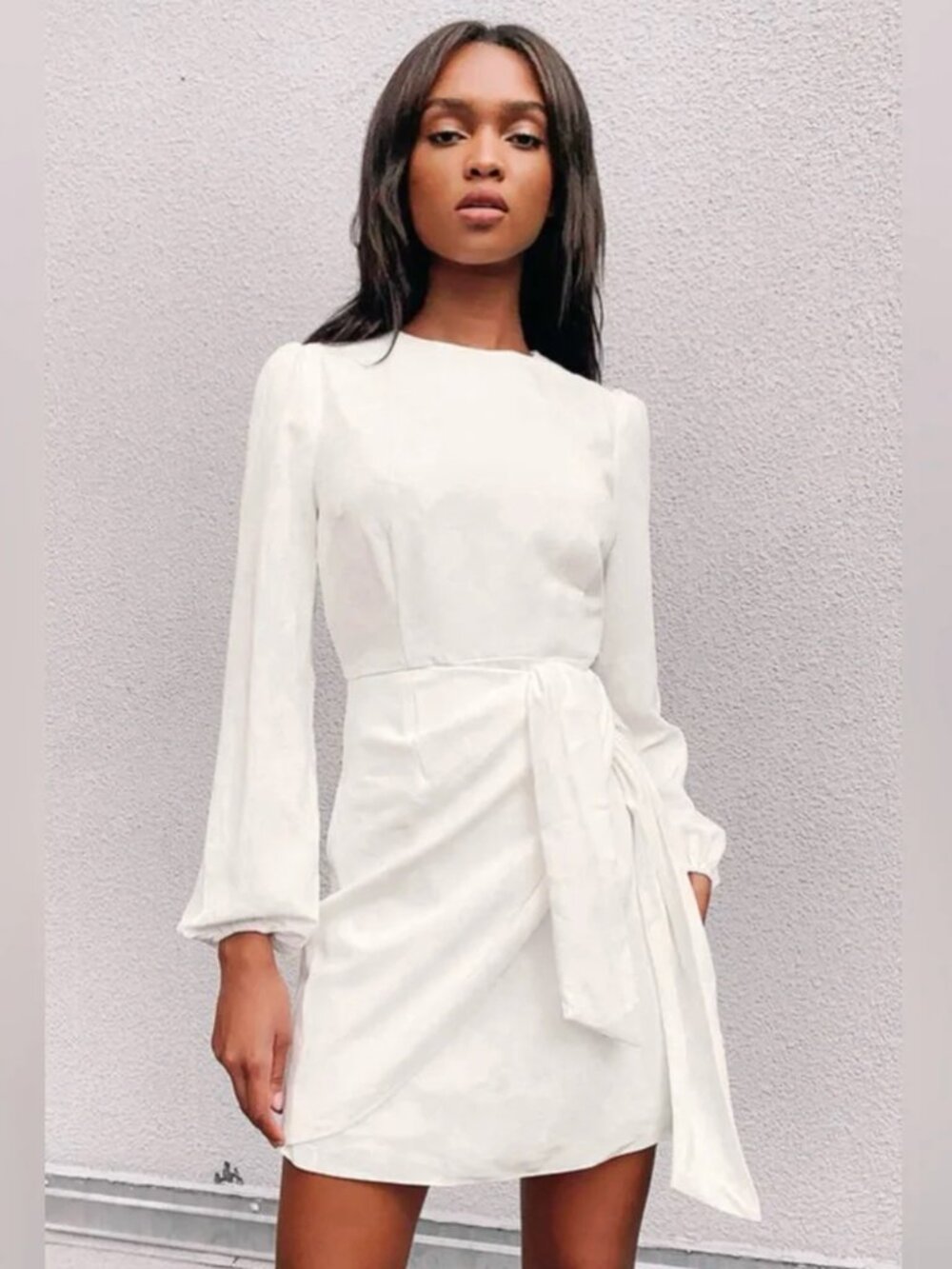 Lulus • Believe It or Knot White Long Sleeve Tie-Front Dress